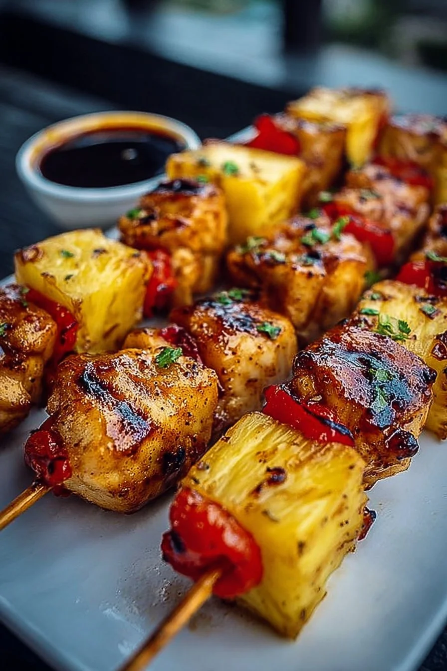 Grilled Pineapple Chicken Kabobs on skewers with colorful vegetables
