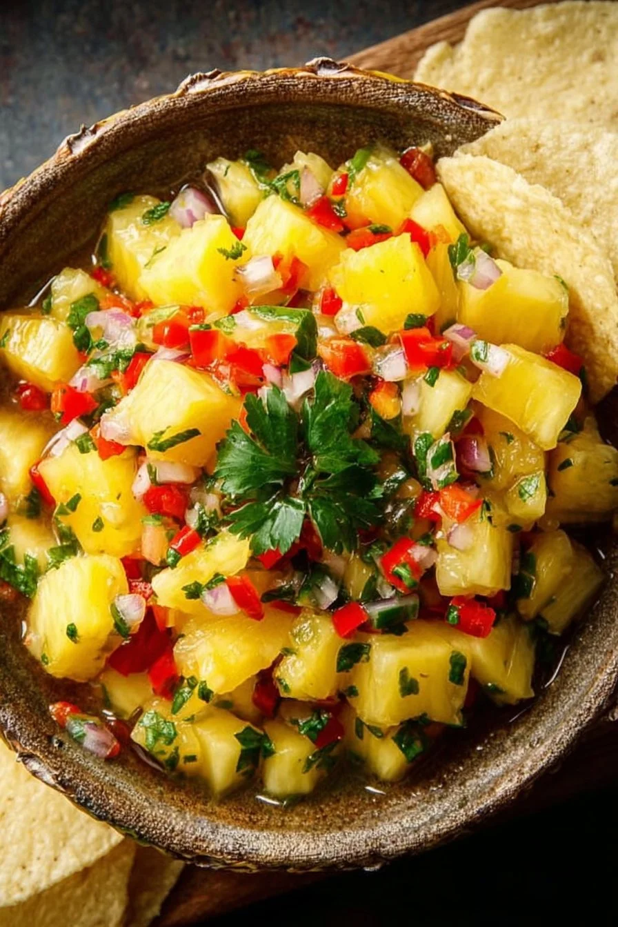 Delicious homemade pineapple salsa with diced fruit and vibrant herbs