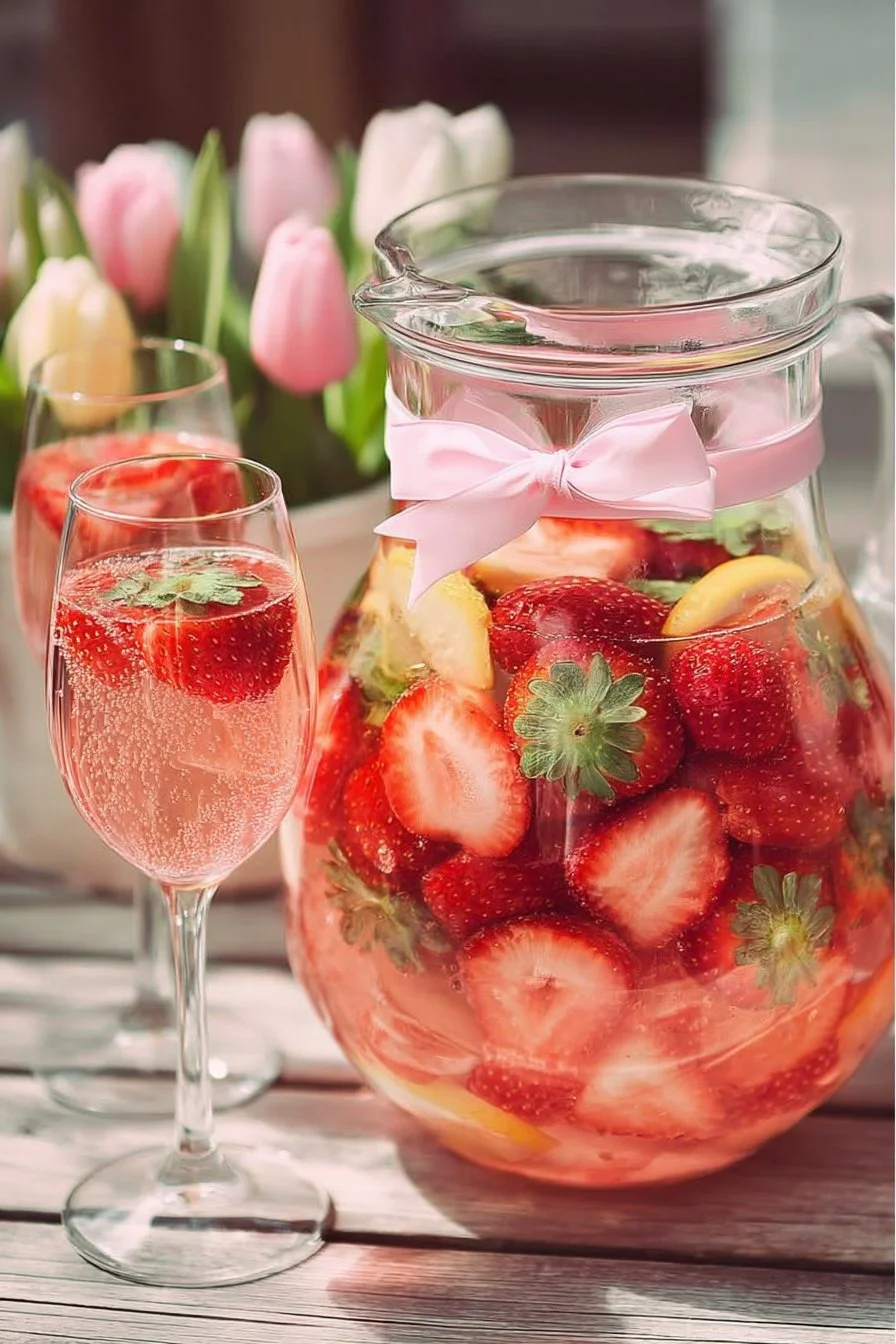 A refreshing Pink Easter Strawberry Sangria with fresh strawberries and colorful fruit.