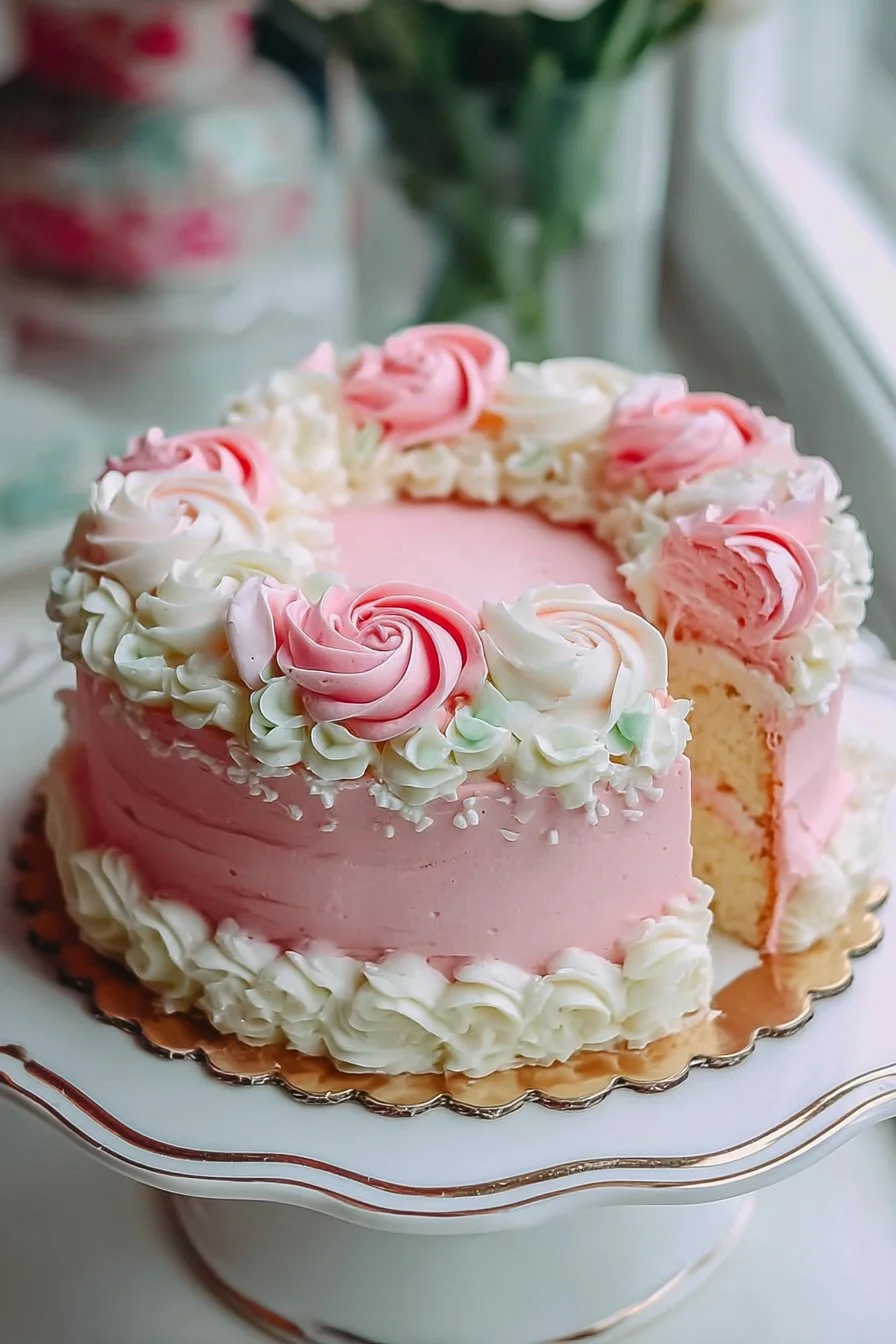 Beautiful pink and white cake decorated for a celebration