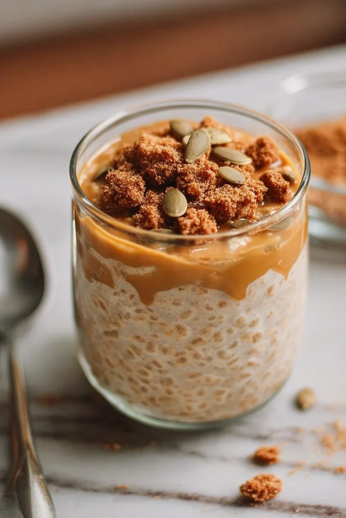 Delicious pumpkin cheesecake overnight oats in a mason jar topped with pumpkin spice.