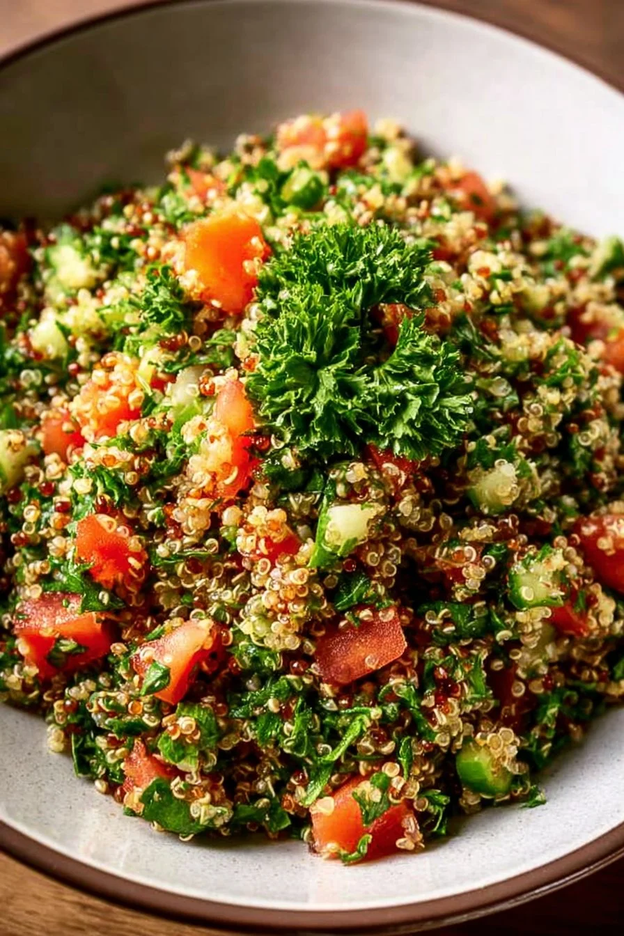 Bowl of quinoa tabbouleh salad with fresh vegetables and herbs