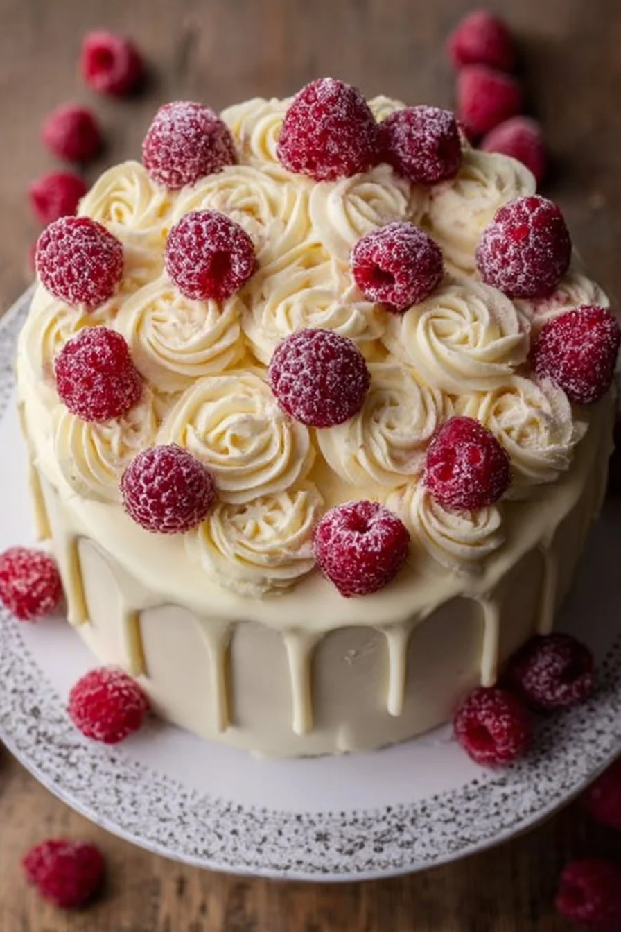 Delicious Raspberry Cake layered with creamy Lemon Buttercream frosting.