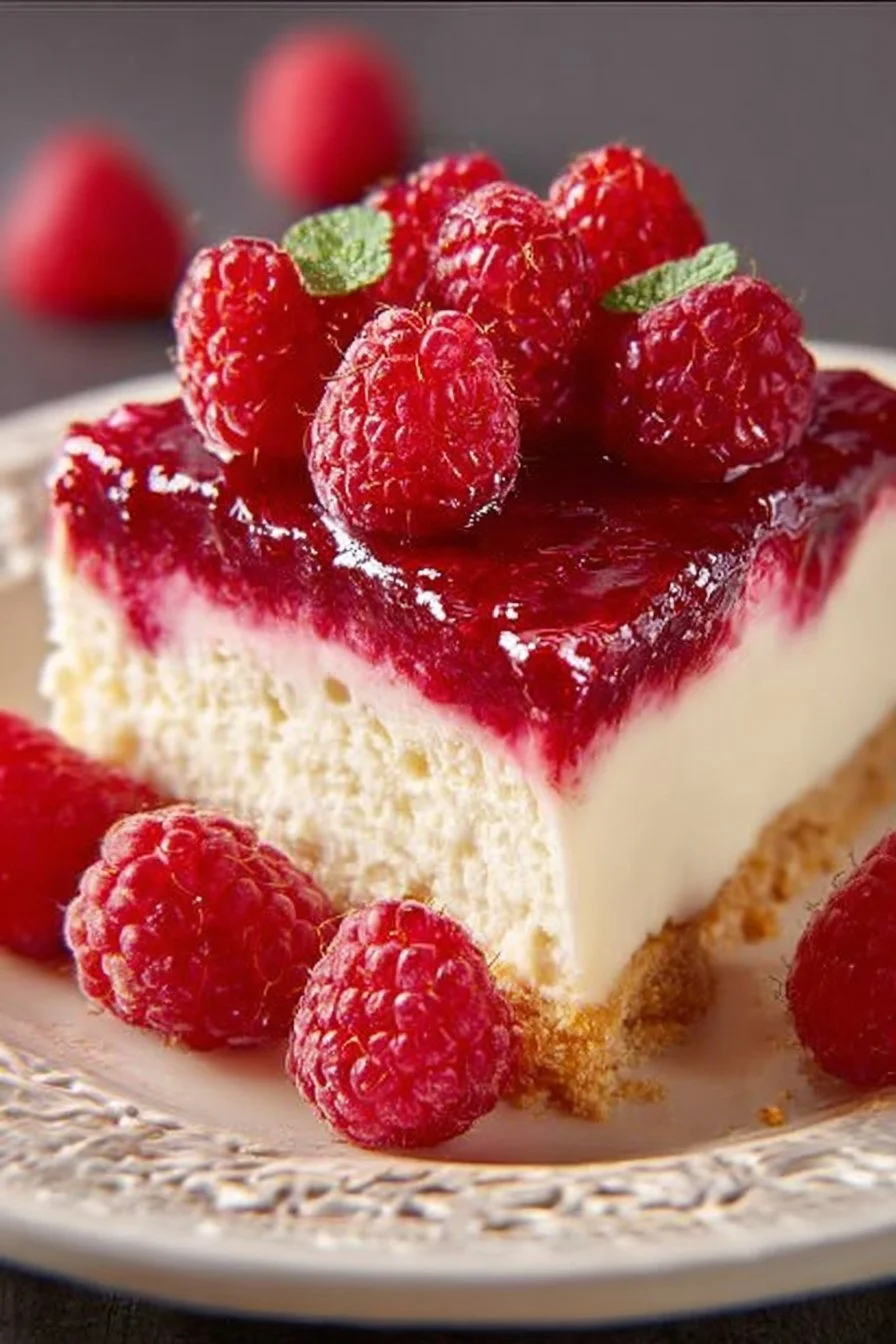 Slice of delicious raspberry cheesecake topped with fresh raspberries and whipped cream