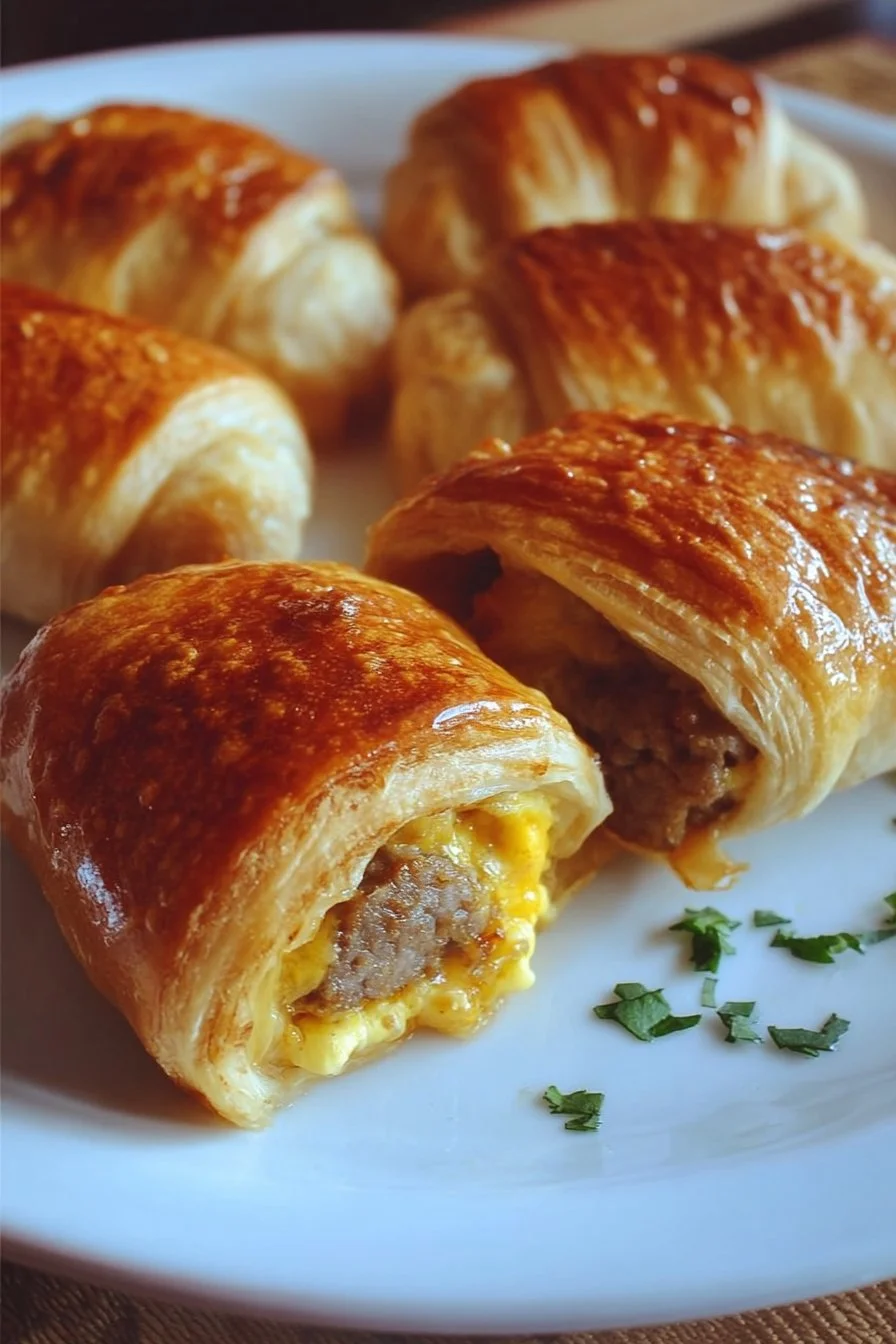 Sausage, egg, and cheese breakfast roll-ups on a plate