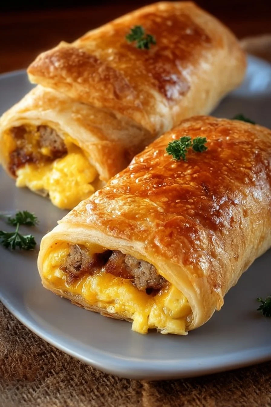 Sausage, egg, and cheese breakfast roll-ups served on a plate.
