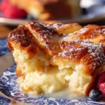 Delicious simple sweet croissant breakfast casserole served on a plate