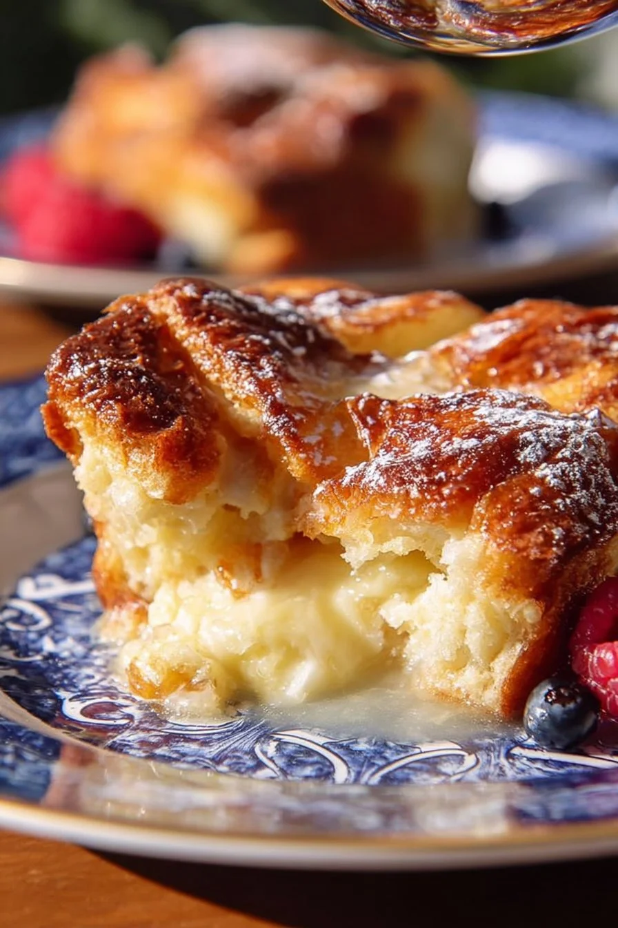 Delicious simple sweet croissant breakfast casserole served on a plate