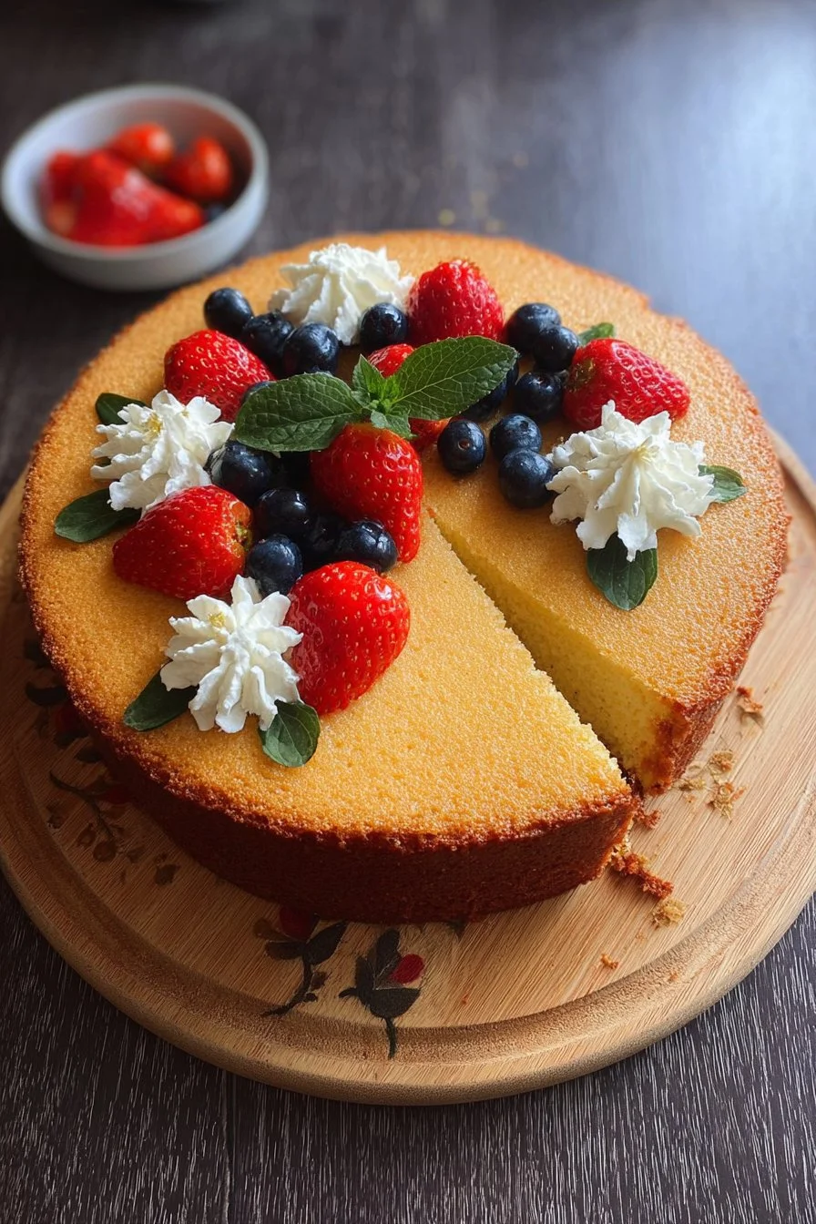 Slice of moist and fluffy simple vanilla cake on a plate
