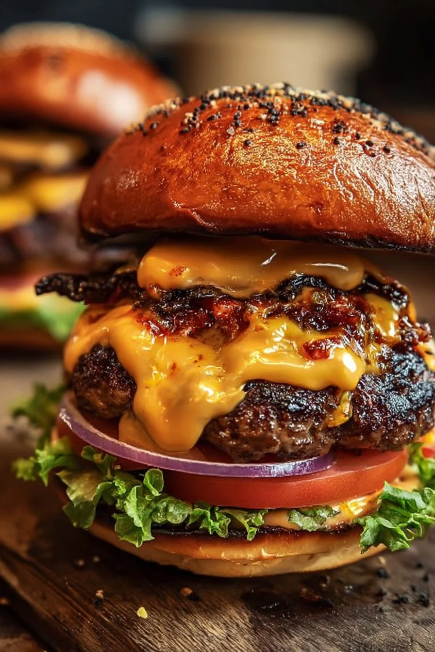 Smoky Cajun Cheese Burgers topped with cheese and spices on a grill