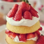 Delicious strawberry shortcake topped with fresh strawberries and whipped cream