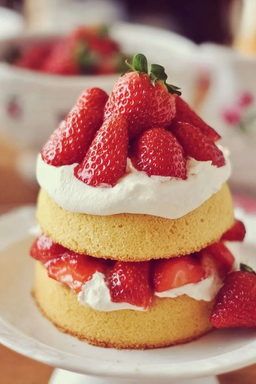 Delicious strawberry shortcake topped with fresh strawberries and whipped cream