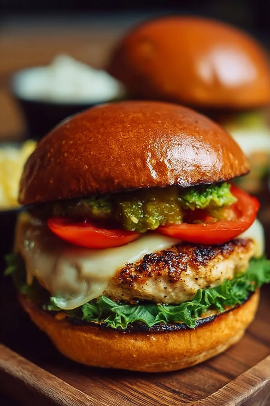 Spicy Jalapeño Chicken Burgers topped with Pepper Jack cheese