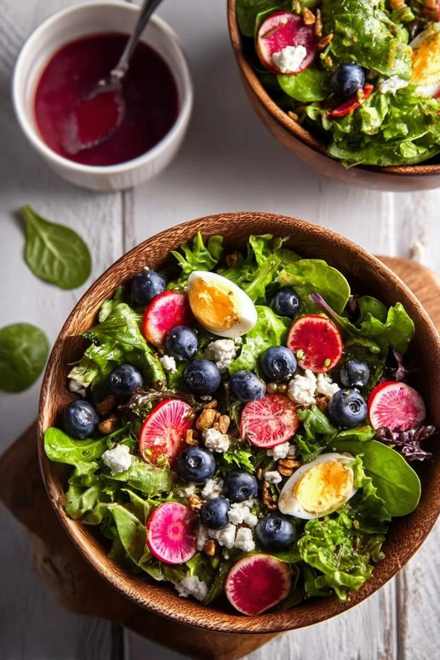 Colorful spring salad with fresh vegetables and herbs
