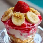 Delicious bowl of strawberry banana pudding with fresh fruit on top.