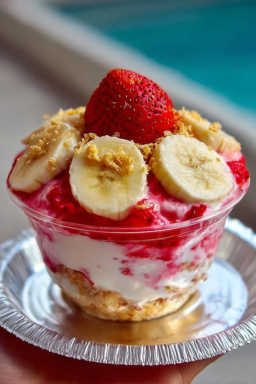 Delicious bowl of strawberry banana pudding with fresh fruit on top.