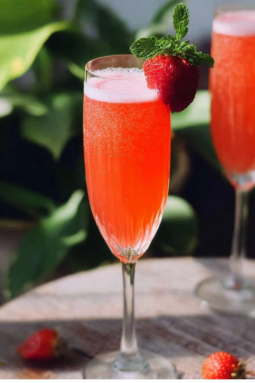 Strawberry Bellini cocktail in a glass with strawberries and bubbly