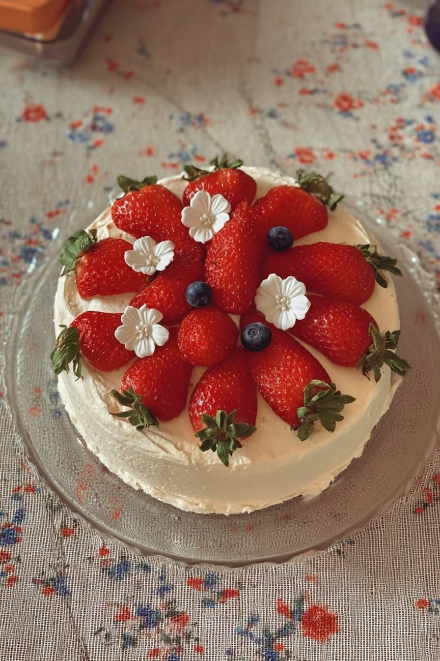 Delicious homemade strawberry cake with fresh strawberries and whipped cream