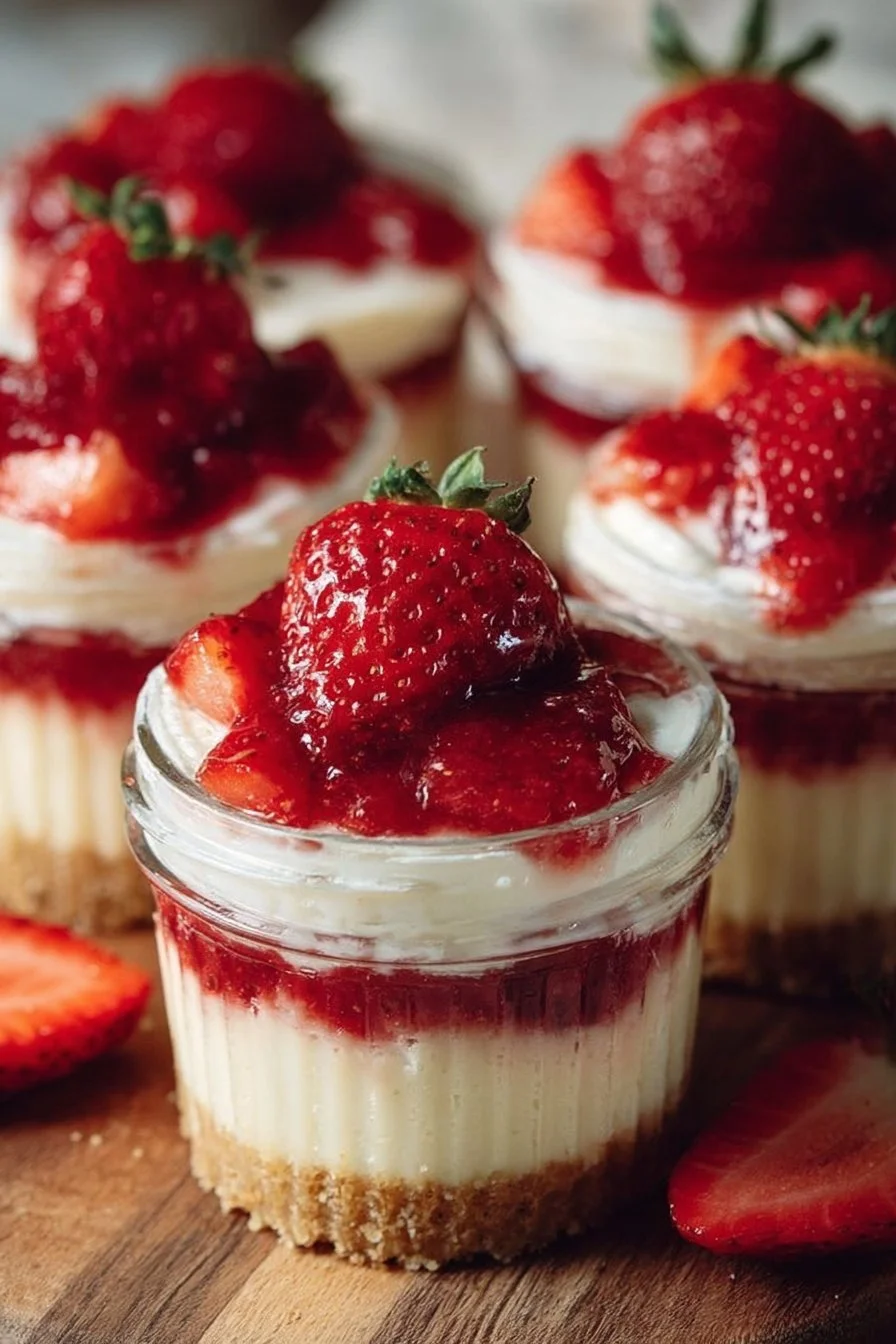 Delicious strawberry cheesecake cups served in elegant glass dishes