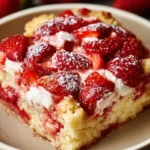 Delicious Strawberry Cheesecake Dump Cake topped with fresh strawberries