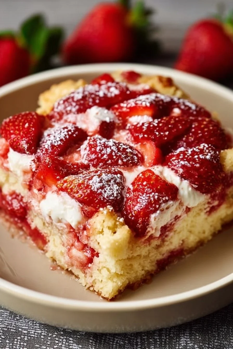 Delicious Strawberry Cheesecake Dump Cake topped with fresh strawberries