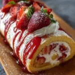 Strawberry cheesecake roll cake with fresh strawberries and cream cheese filling