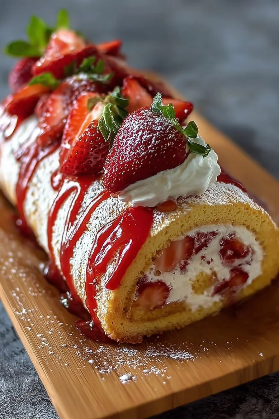 Strawberry cheesecake roll cake with fresh strawberries and cream cheese filling