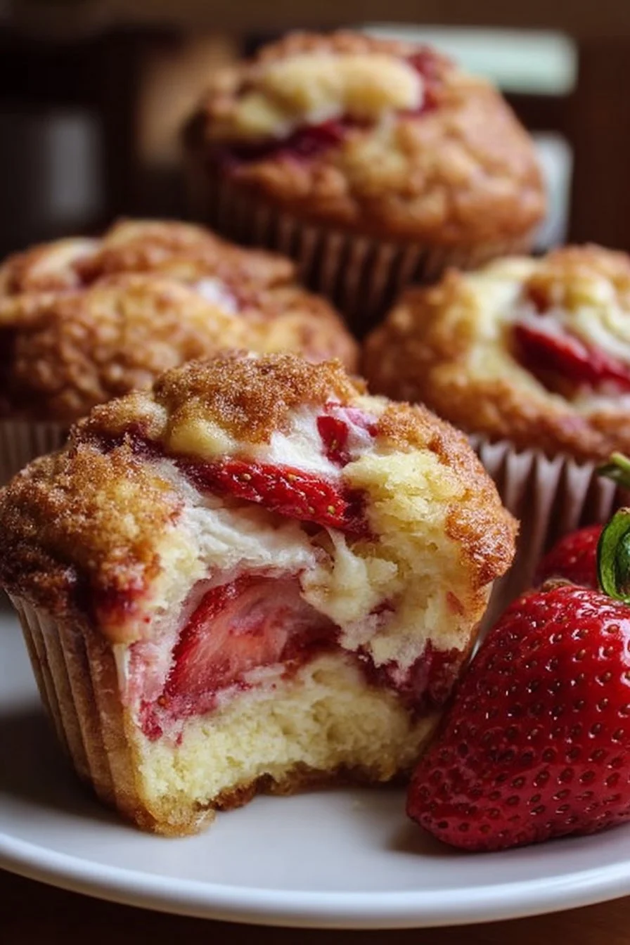 Freshly baked strawberry cream cheese muffins on a plate