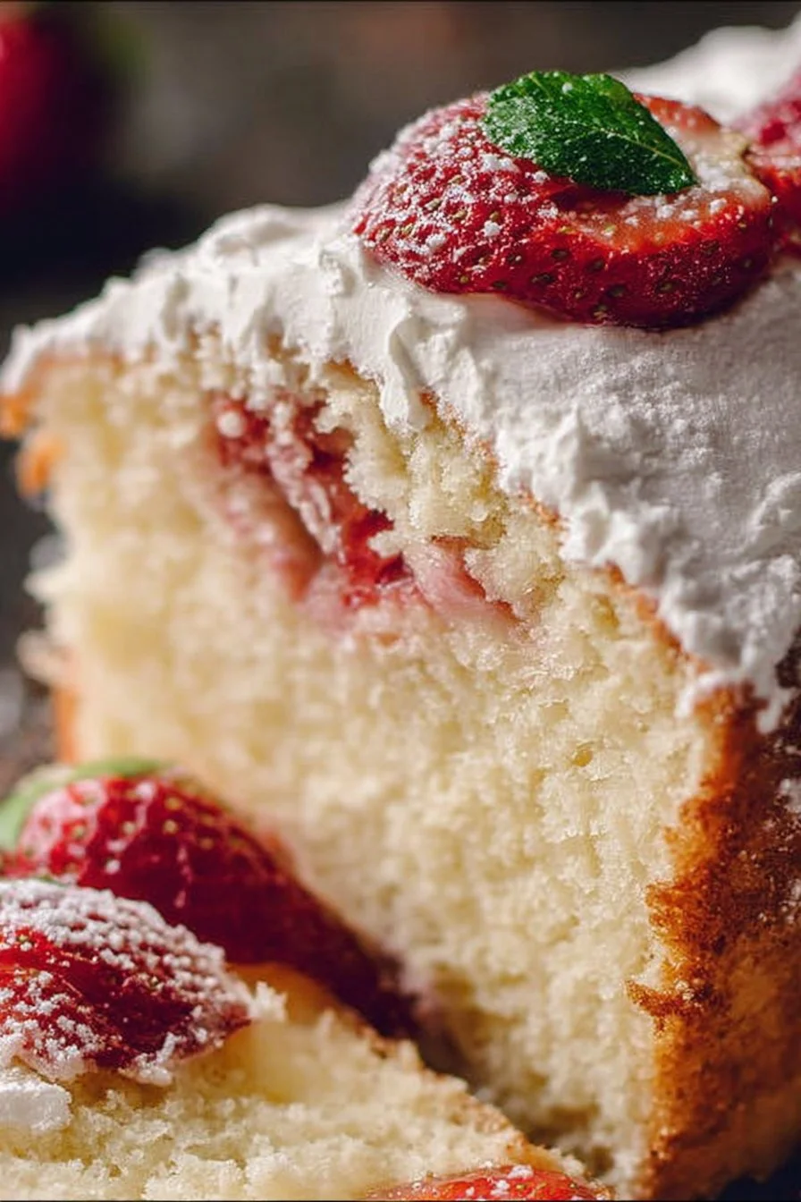 Delicious Strawberry Italian Cream Pound Cake with fresh strawberries and creamy texture