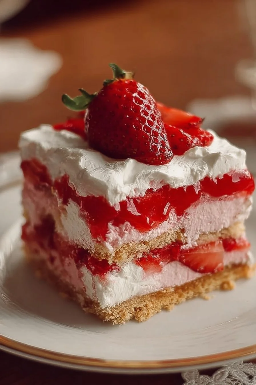 Delicious strawberry lasagna layered with cream and fresh strawberries