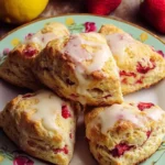 Delicious strawberry lemon cream scones on a plate with fresh strawberries.