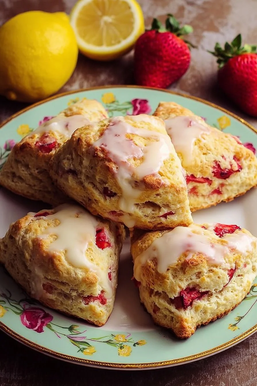 Delicious strawberry lemon cream scones on a plate with fresh strawberries.