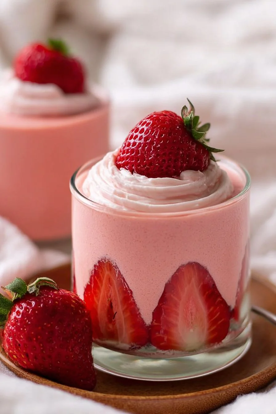 Delicious homemade strawberry mousse served in a glass with fresh strawberries