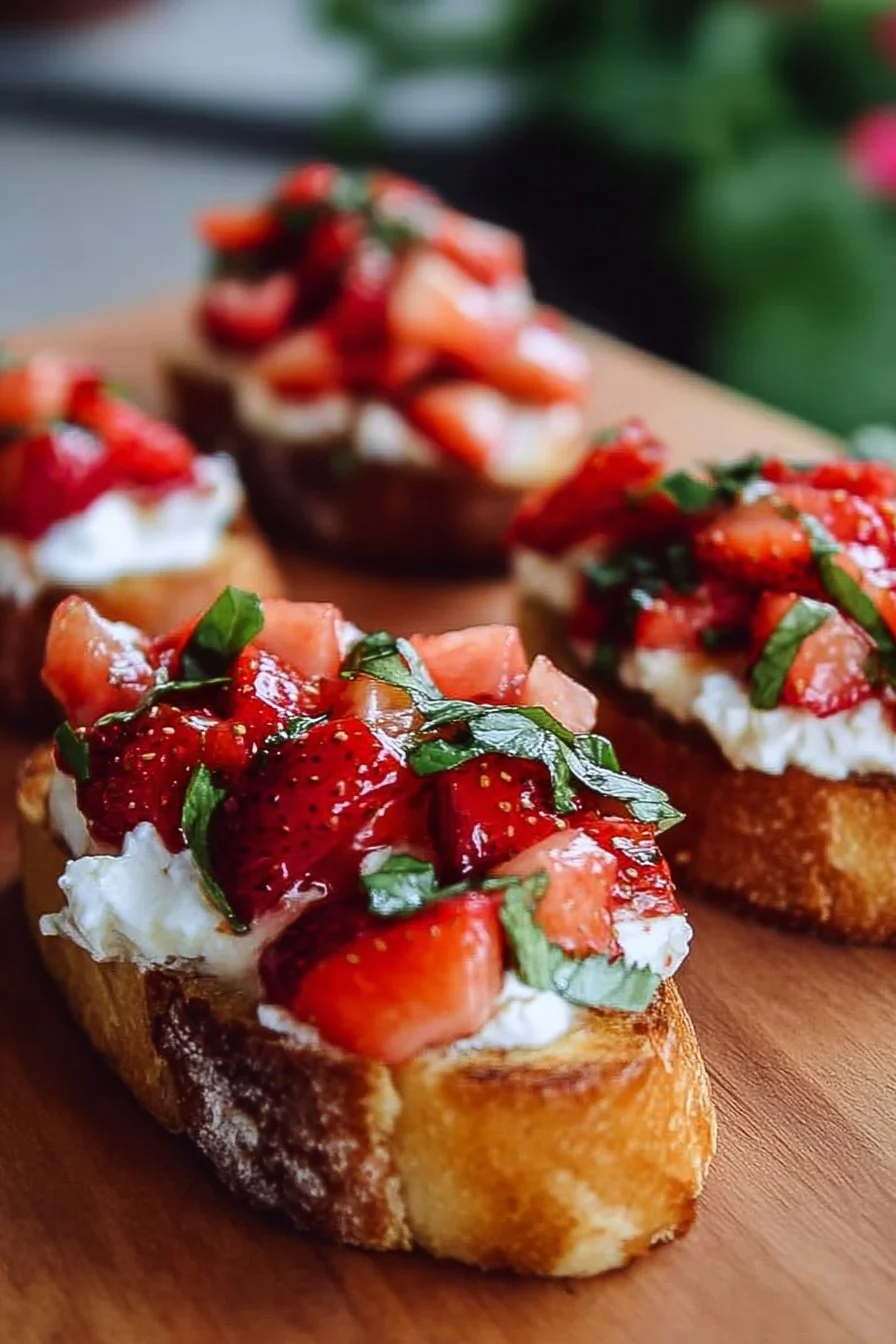 Delicious Strawberry Ricotta Bruschetta topped with fresh strawberries and mint