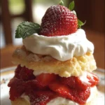 A delicious strawberry shortcake dessert topped with whipped cream and fresh strawberries