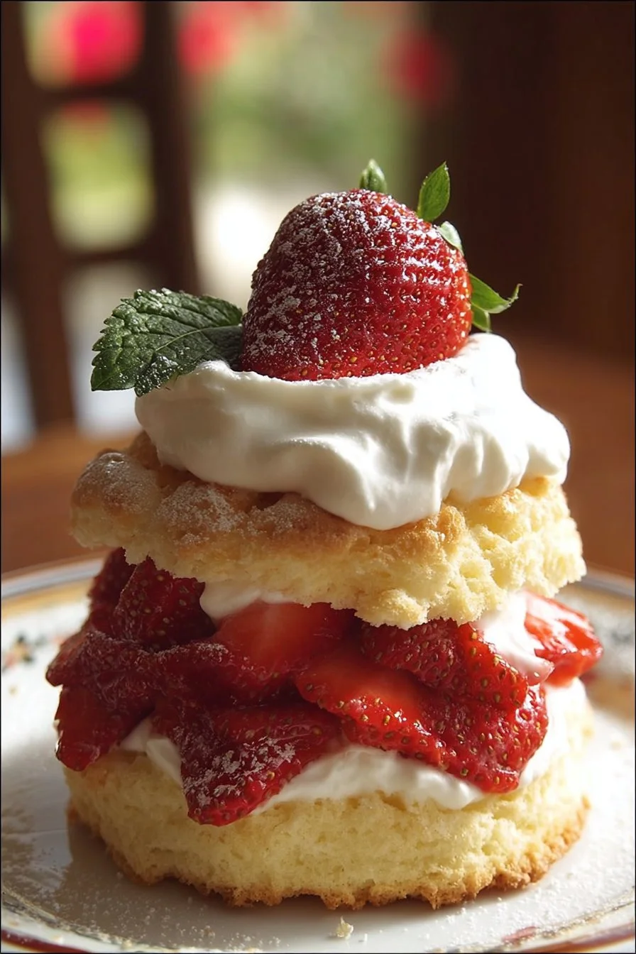 A delicious strawberry shortcake dessert topped with whipped cream and fresh strawberries