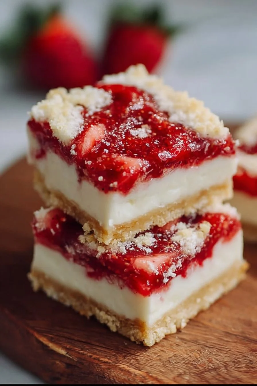 Delicious homemade Strawberry Shortcake Bars on a serving plate.