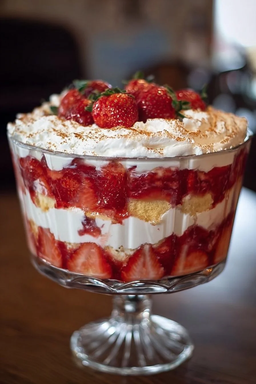 Delicious Strawberry Shortcake Trifle with layers of strawberries and cream