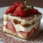 Delicious homemade strawberry tiramisu layered with fresh strawberries and creamy mascarpone.