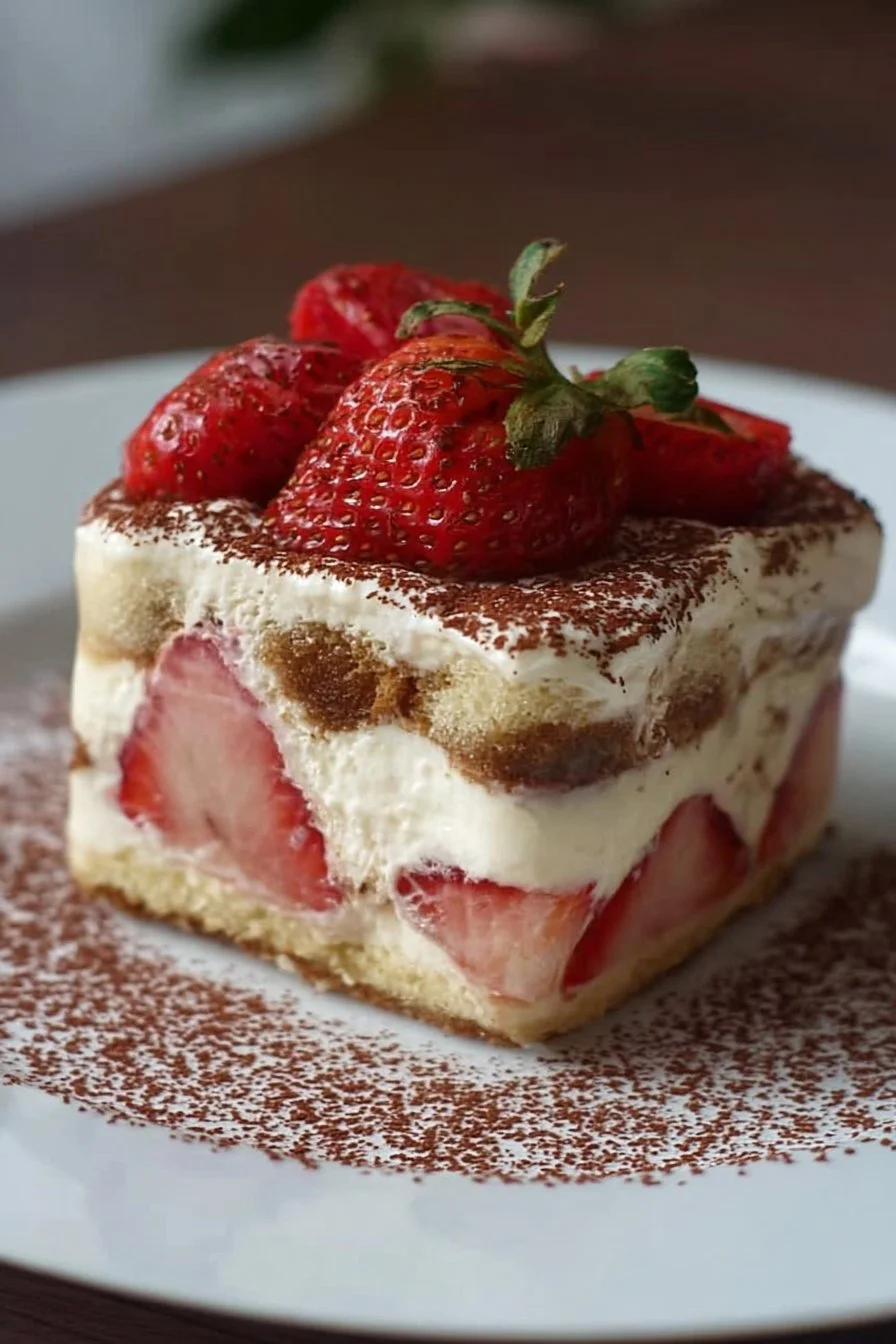 Delicious homemade strawberry tiramisu layered with fresh strawberries and creamy mascarpone.