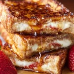 Deliciously stuffed French toast topped with syrup and fresh berries