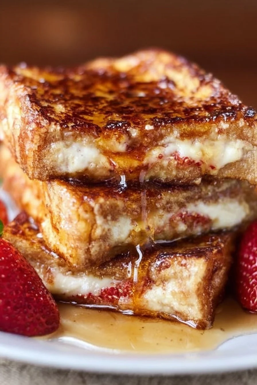 Deliciously stuffed French toast topped with syrup and fresh berries