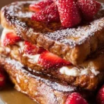 Delicious stuffed French toast topped with fruits and syrup, perfect for breakfast.