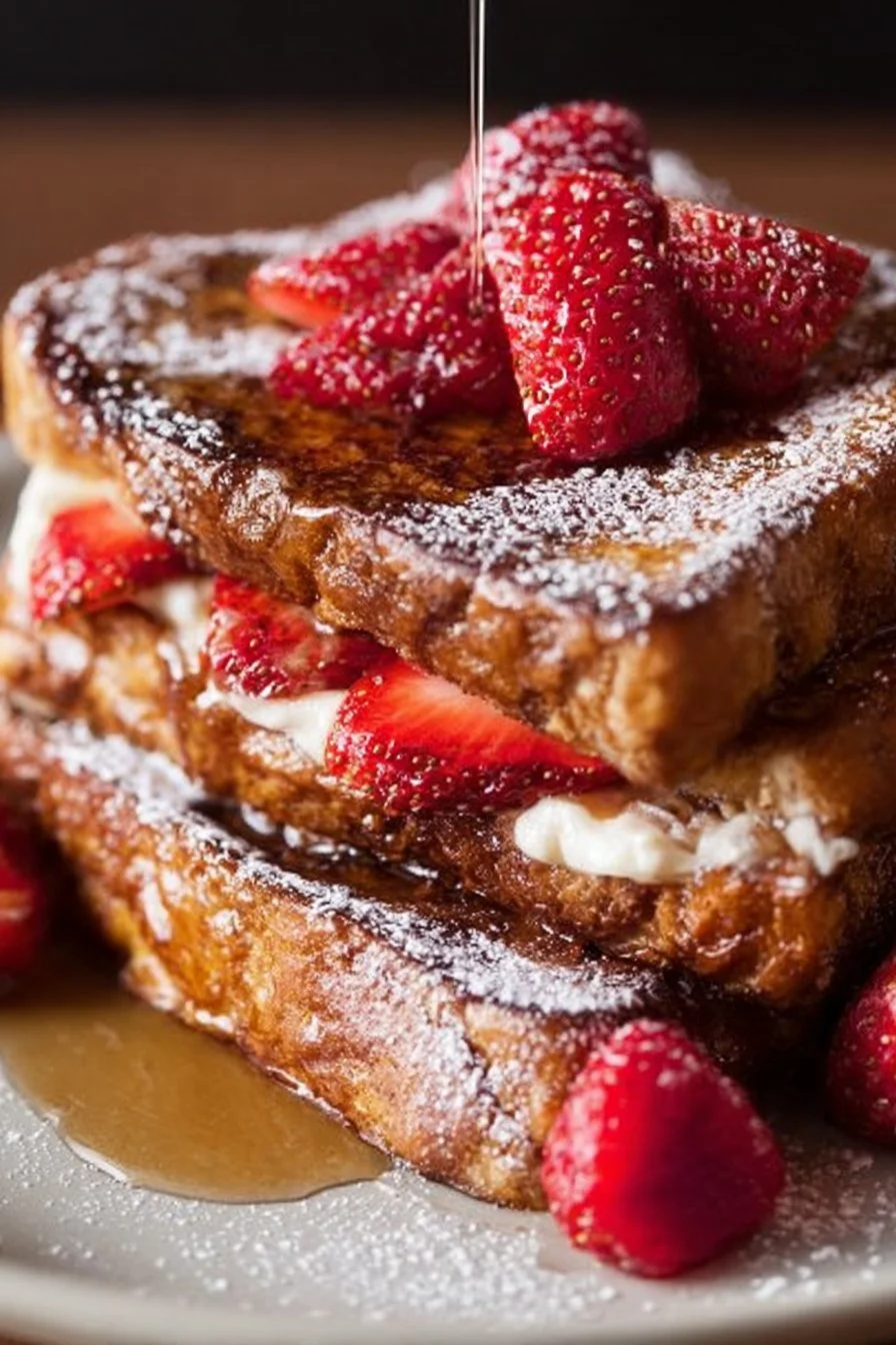 Delicious stuffed French toast topped with fruits and syrup, perfect for breakfast.