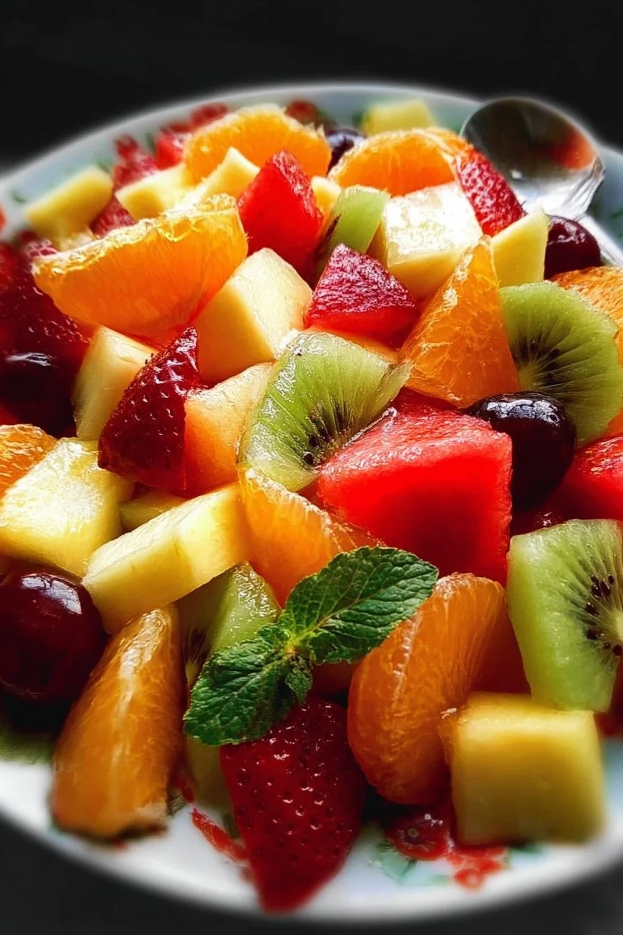 Colorful bowl of fresh fruit salad with berries, melons, and citrus fruits.
