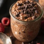 Deliciously layered triple chocolate overnight oats with cocoa and toppings