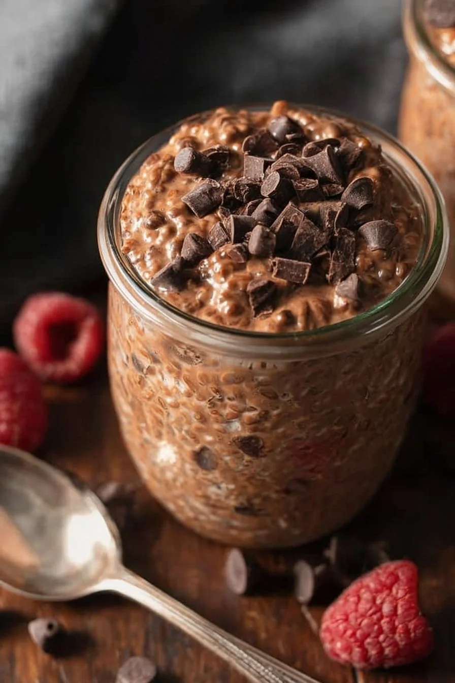 Deliciously layered triple chocolate overnight oats with cocoa and toppings