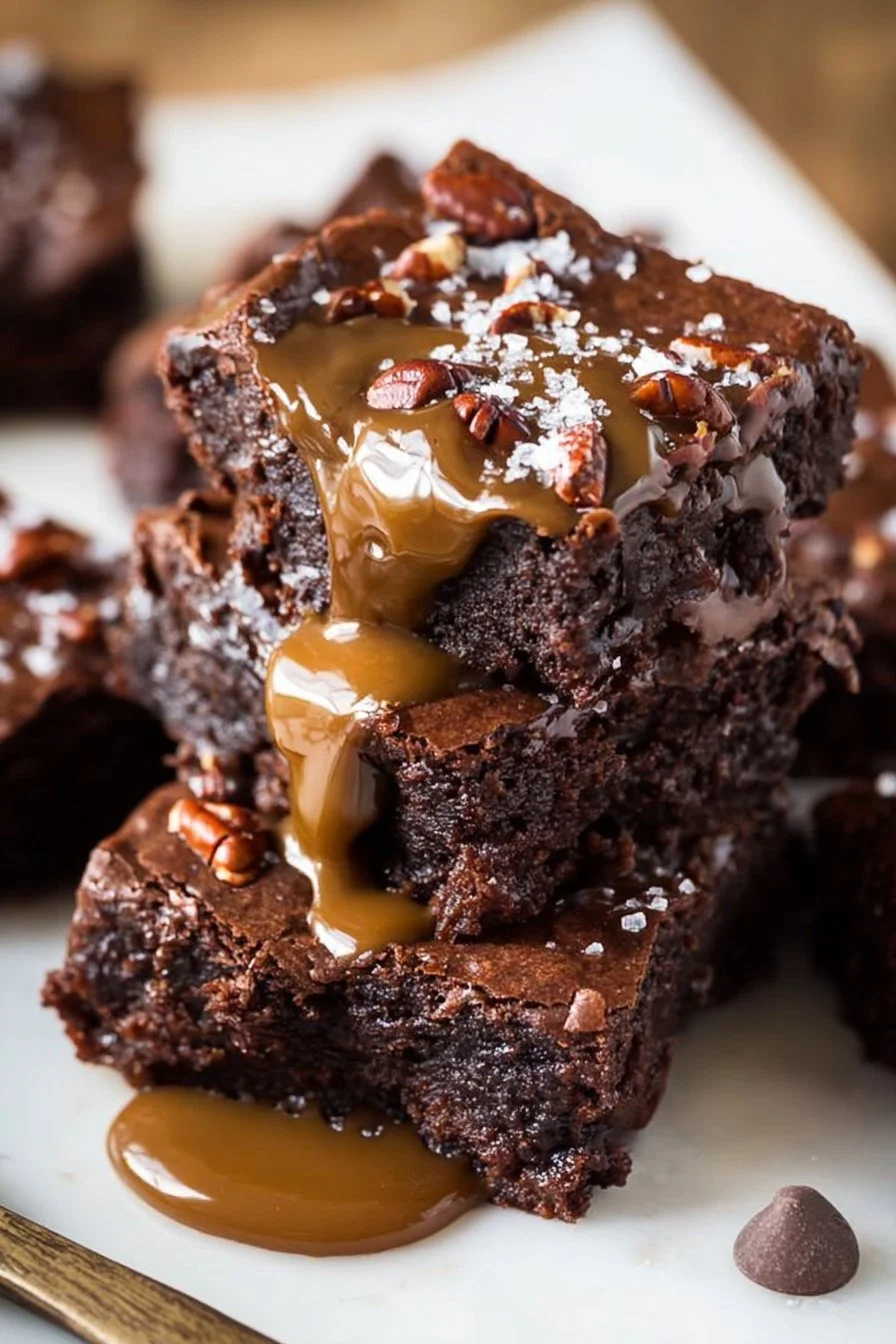 Decadent turtle brownies topped with caramel and pecans