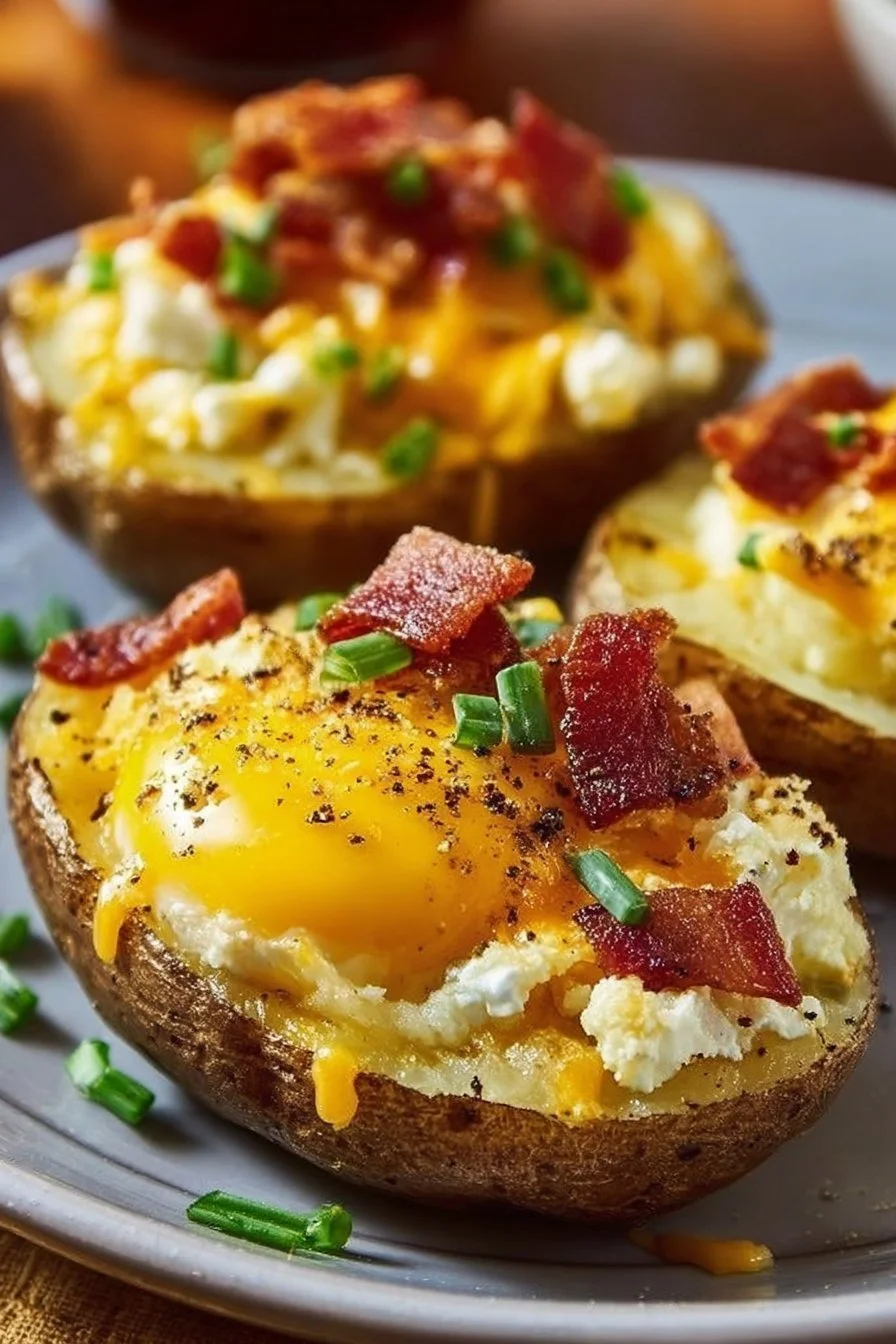 Twice baked loaded breakfast potatoes topped with cheese and bacon