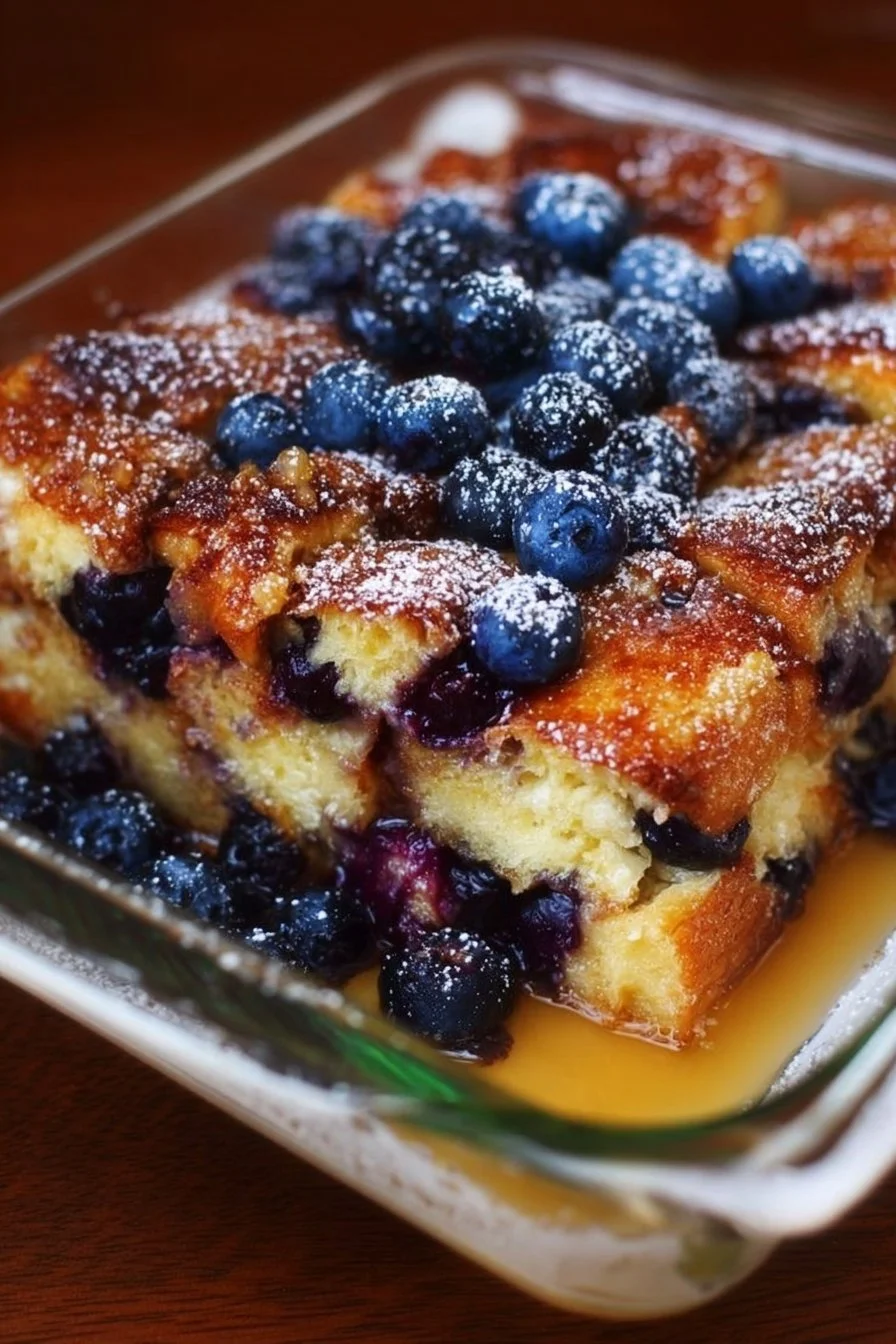 Blueberry French Toast Casserole with fresh blueberries and syrup